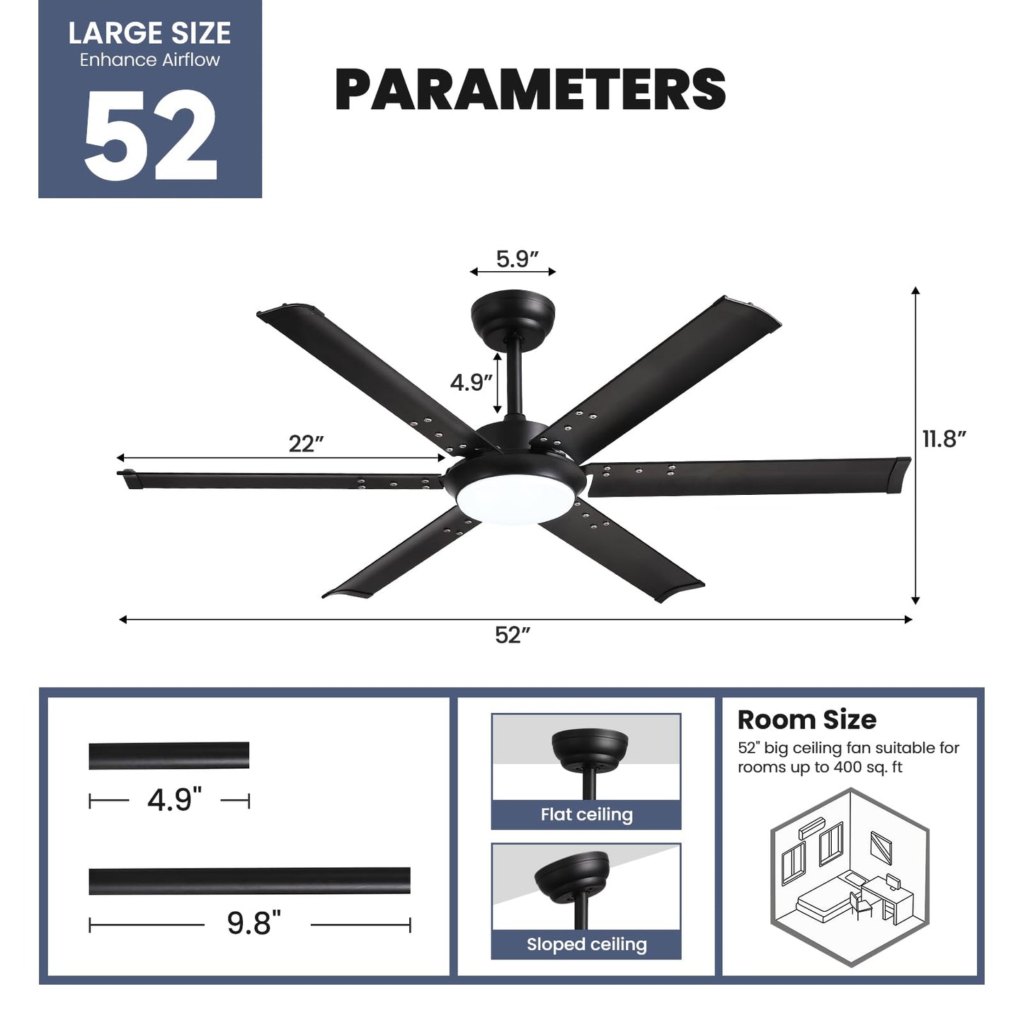 CROSSIO 52 Inch Modern Ceiling Fan with Lights & Remote Control, Industrial