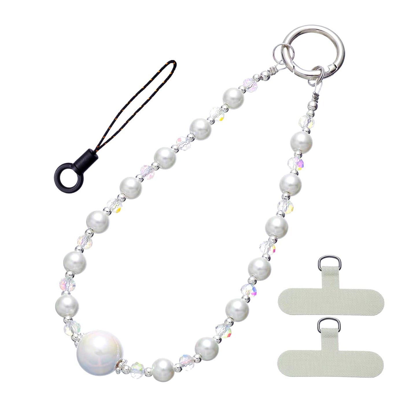 NUANJUYU Sparkling Beads Phone Lanyard Wrist Strap - Multi-Use Anti-Drop Safety Strap with 2 Tether Tabs & Mini Cord - Handmade Gift for Women (White)