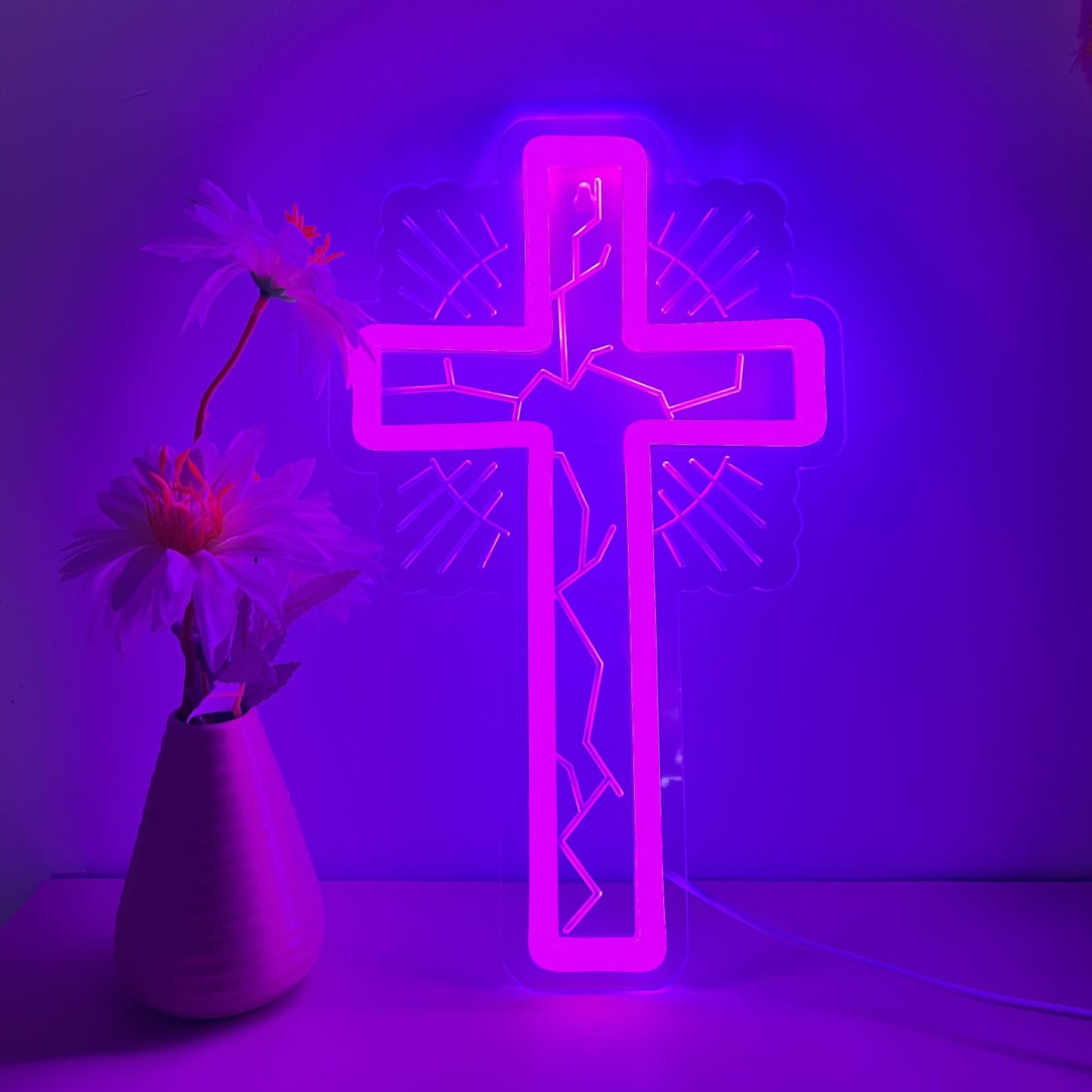 Purple Cross Neon Light LED Sign for Wall Decor - Christian Religious Art for Bedroom, Church, Prayer Room - Acrylic Neon Lamp for Baptism, Easter