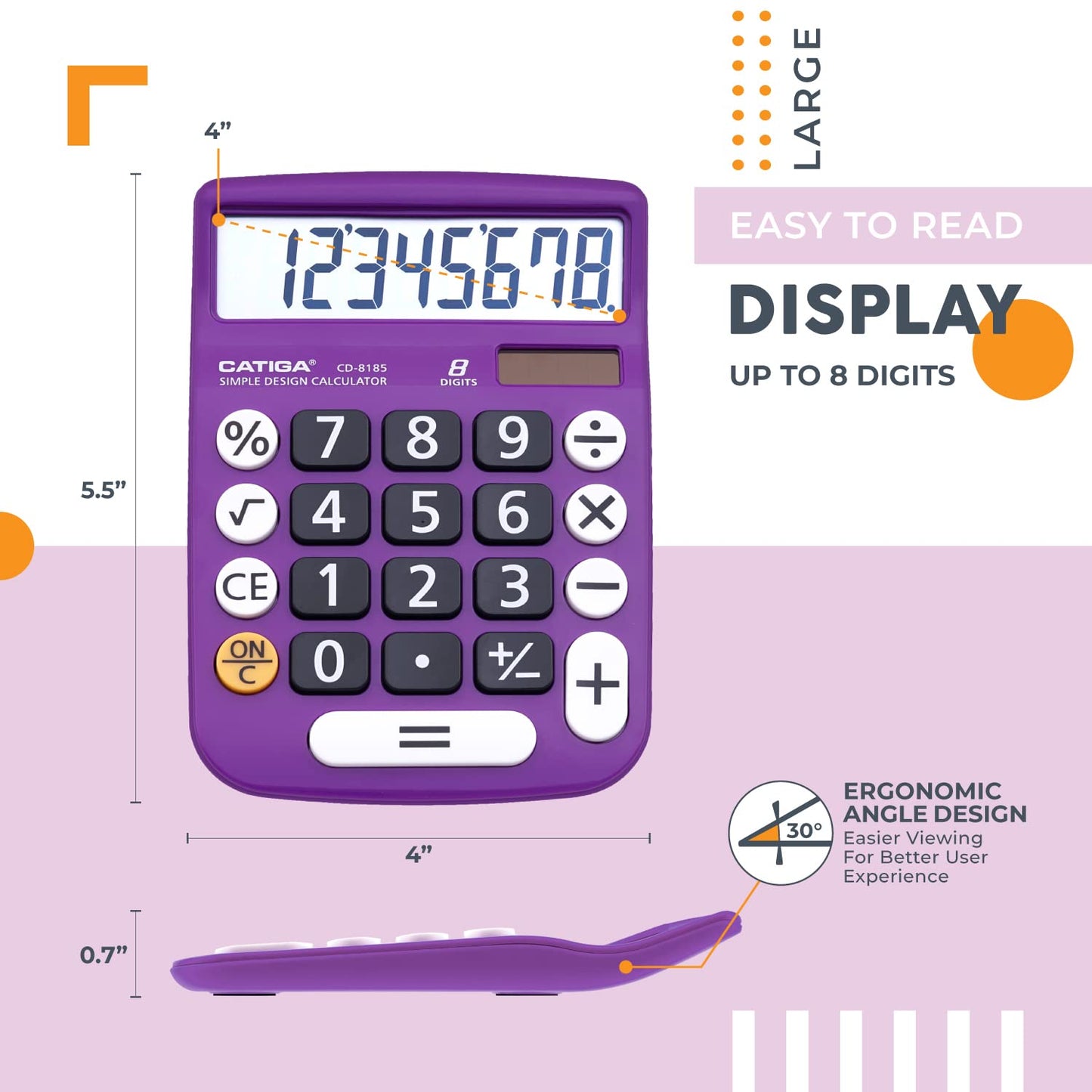 CATIGA Desktop Calculator 8 Digit with Solar Power and Easy to Read LCD Display, Big Buttons, for Home, Office, School, Class and Business, 4 Function
