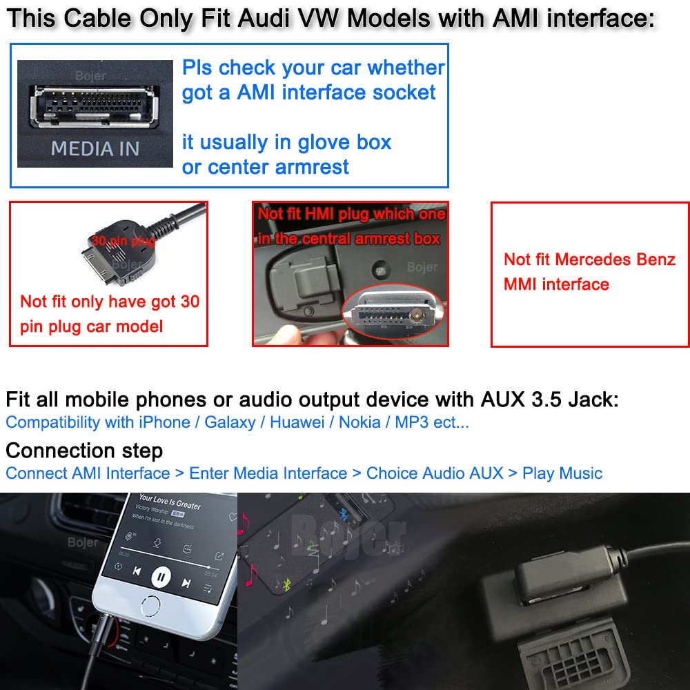 Bojer AMI MDI MMI to AUX 3.5 Cable Audio Music Interface Adapter MP3 Jack Compatible with Audi A3 A4 A5 A6 A8 Q5 Q7 R8 TT VW Jetta Passat GTI GLI CC