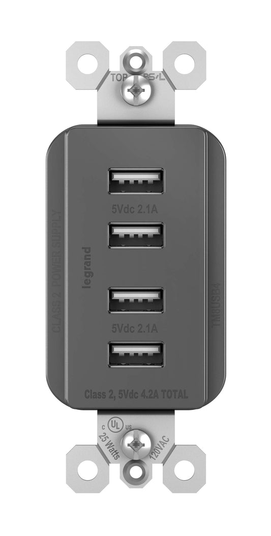 Legrand radiant TM8USB4BKCC6 Decorator Outlet Quad USB Charger, 4.2 Amp Multi Port Charging Station, Black (1 Count)