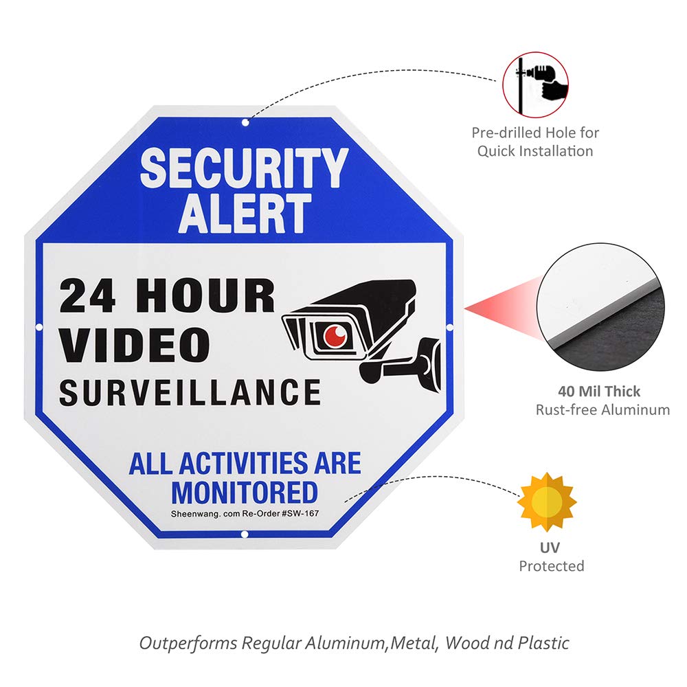 Sheenwang 2-Pack Security Camera Sign, Video Surveillance Signs Outdoor, UV Printed 40 Mil Rust Free Aluminum 10 X 10 in, Weatherproof and Heavy Duty