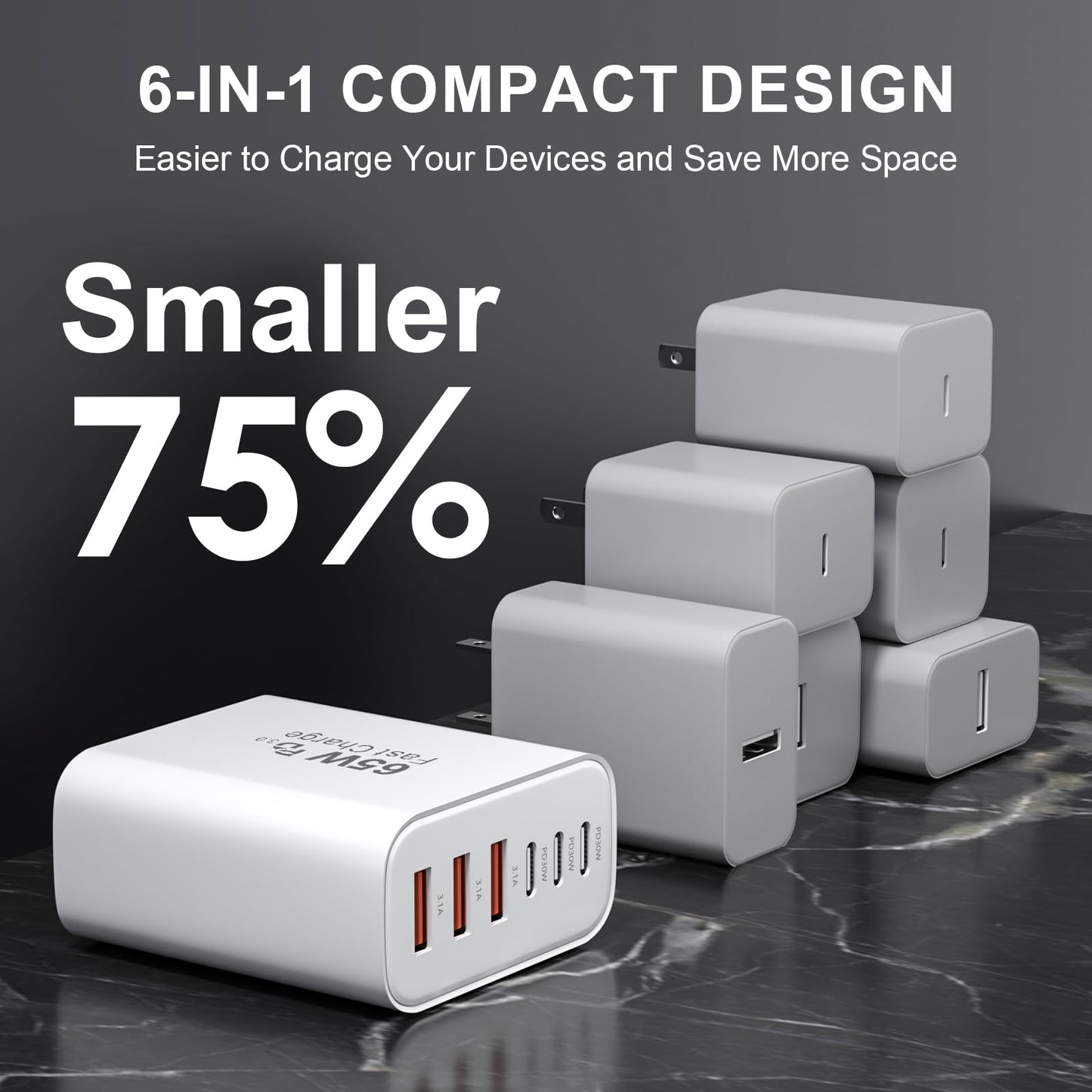 USB C Wall Charger Block, 65W GaN 6-Port Fast Charging Block,PD USB C Plug Adapter+QC Plug Compatible with iPhone iPhone 17/17 Plus/17 Pro Max/16/16