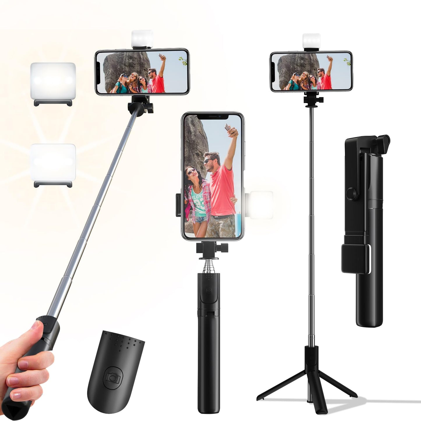 Selfie Stick Tripod, 40in Retractable Phone Tripod with Wireless Remote Control & Light, Portable Selfie Stick Tripod for Photograph, Video Recording