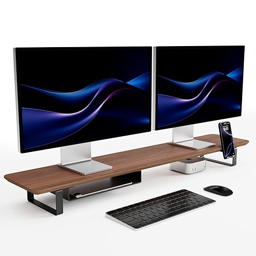 muso wood Dual Monitor Stand with Storage Shelf, 45 Inch Wooden Monitor Riser for 2 Monitors, Walnut Desk Shelf for Computer, Laptop, Screen, TV