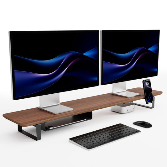 muso wood Dual Monitor Stand with Storage Shelf, 45 Inch Wooden Monitor Riser for 2 Monitors, Walnut Desk Shelf for Computer, Laptop, Screen, TV