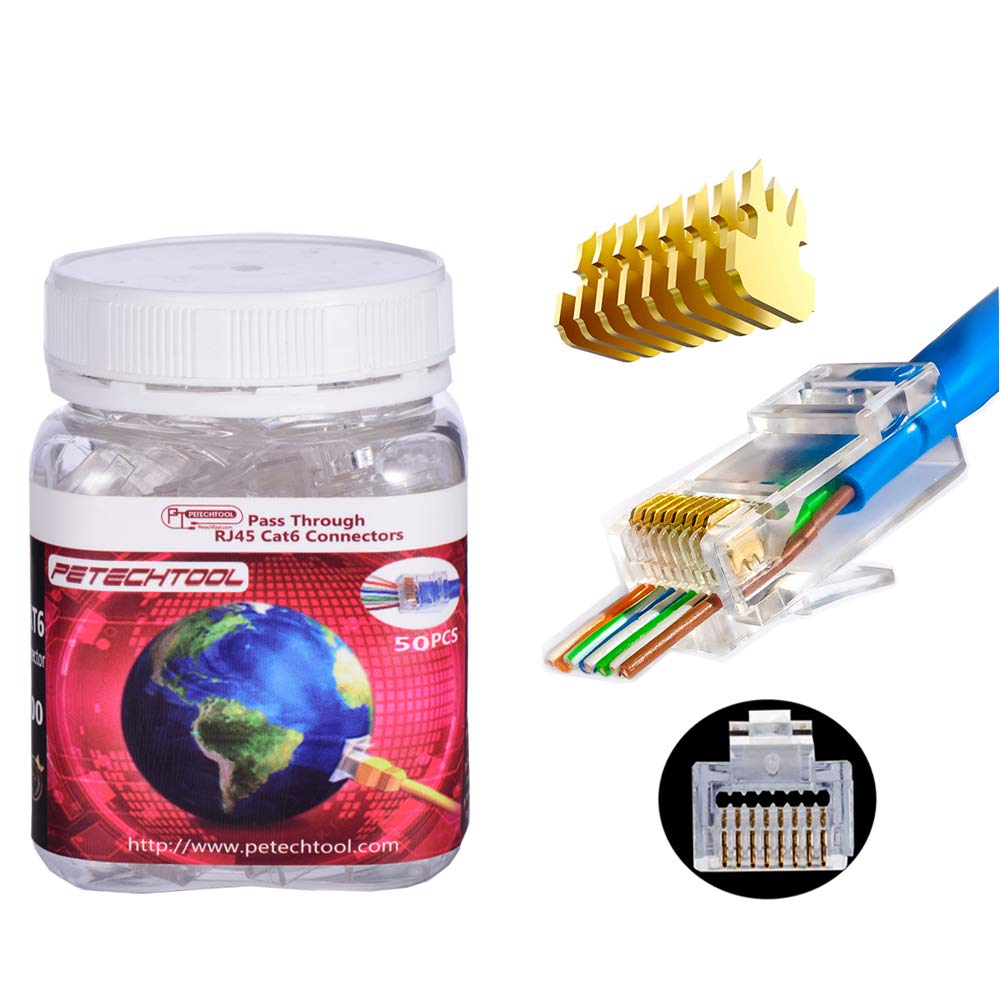 PETECHTOOL RJ45 Cat5 Cat6 Pass Through Connectors 8P8C Ehternet Modular End Plug (50 Pieces)