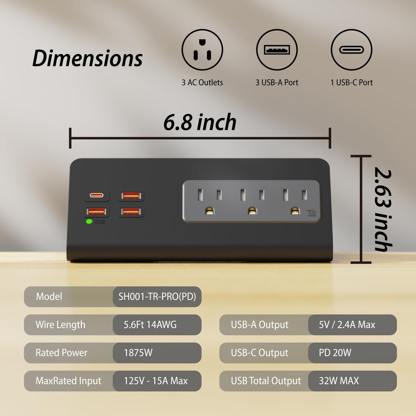 Power Charge Station Edge clamp Mount 15A 1875W with USB-C portsTabletop Surge Protector Desk Clamp Power Sockets with 3 AC Outlets and 4 Fast