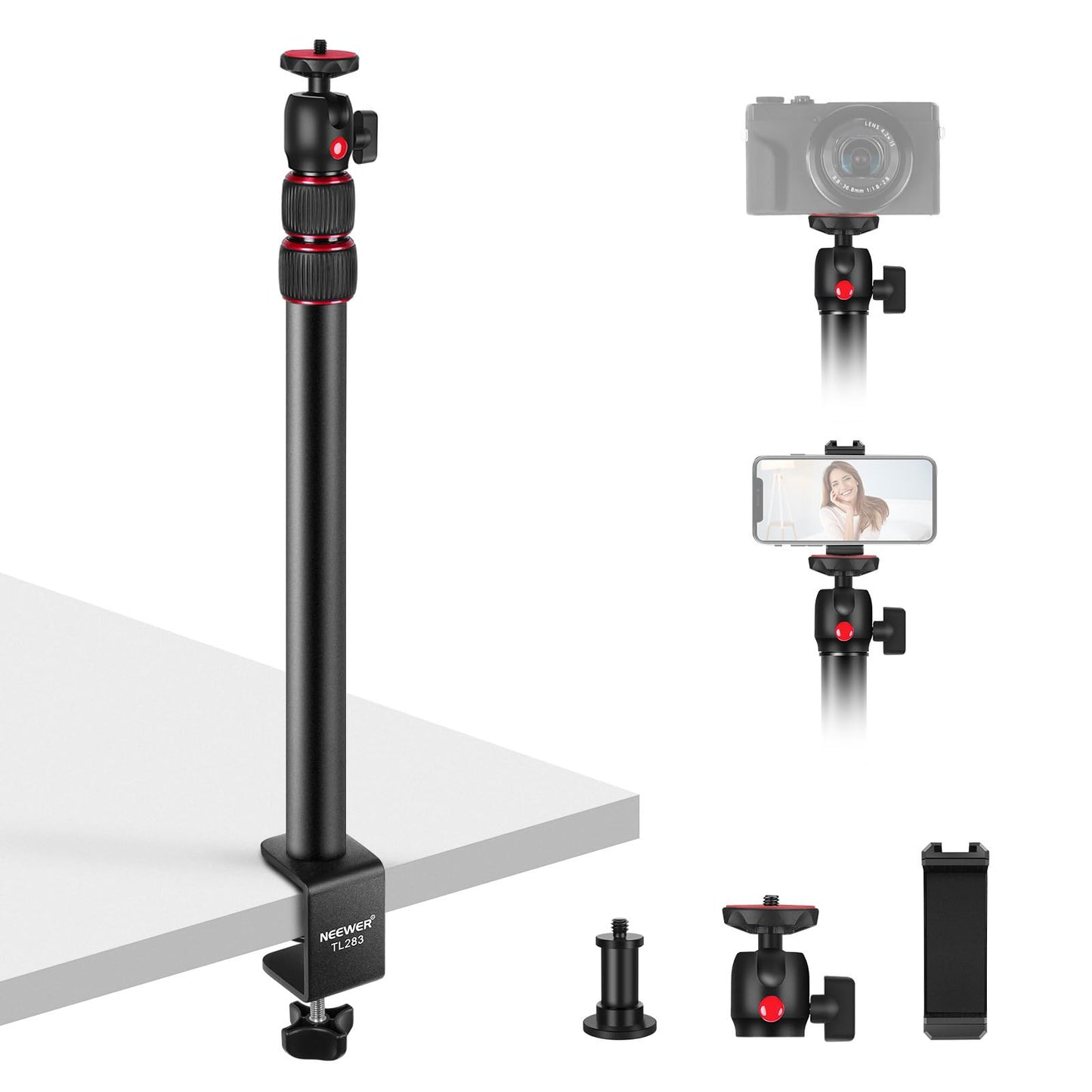 NEEWER Camera Desk Mount with Phone Holder & 360° Ball Head, 17"-40"/43-102cm Telescopic C Clamp Table Light Stand 1/4"Screw, Desktop Stand 6.6lb/3kg