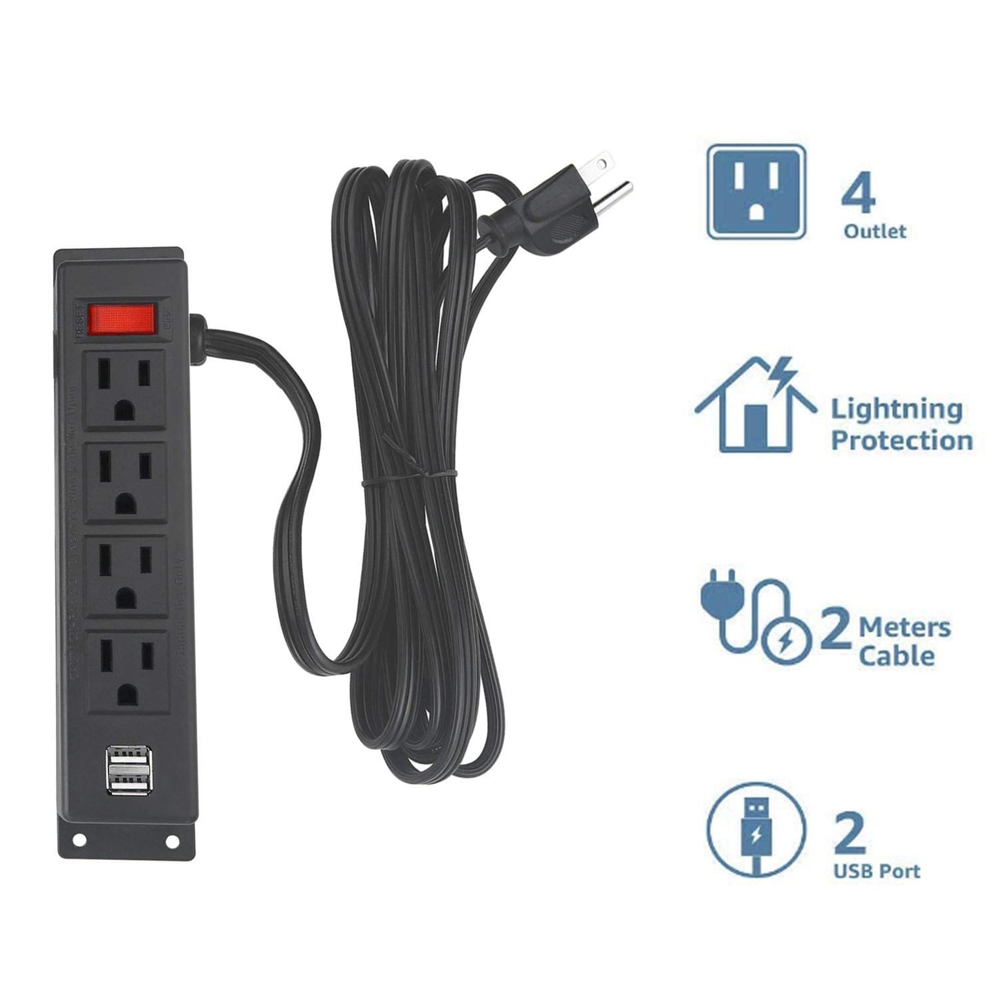 Wall Mount Power Strip with 4 Outlet, Mountable Power Strip with 2 USB Ports, 4-Port Under Desk Mount Connect with 6FT Power Cord, for Workbench
