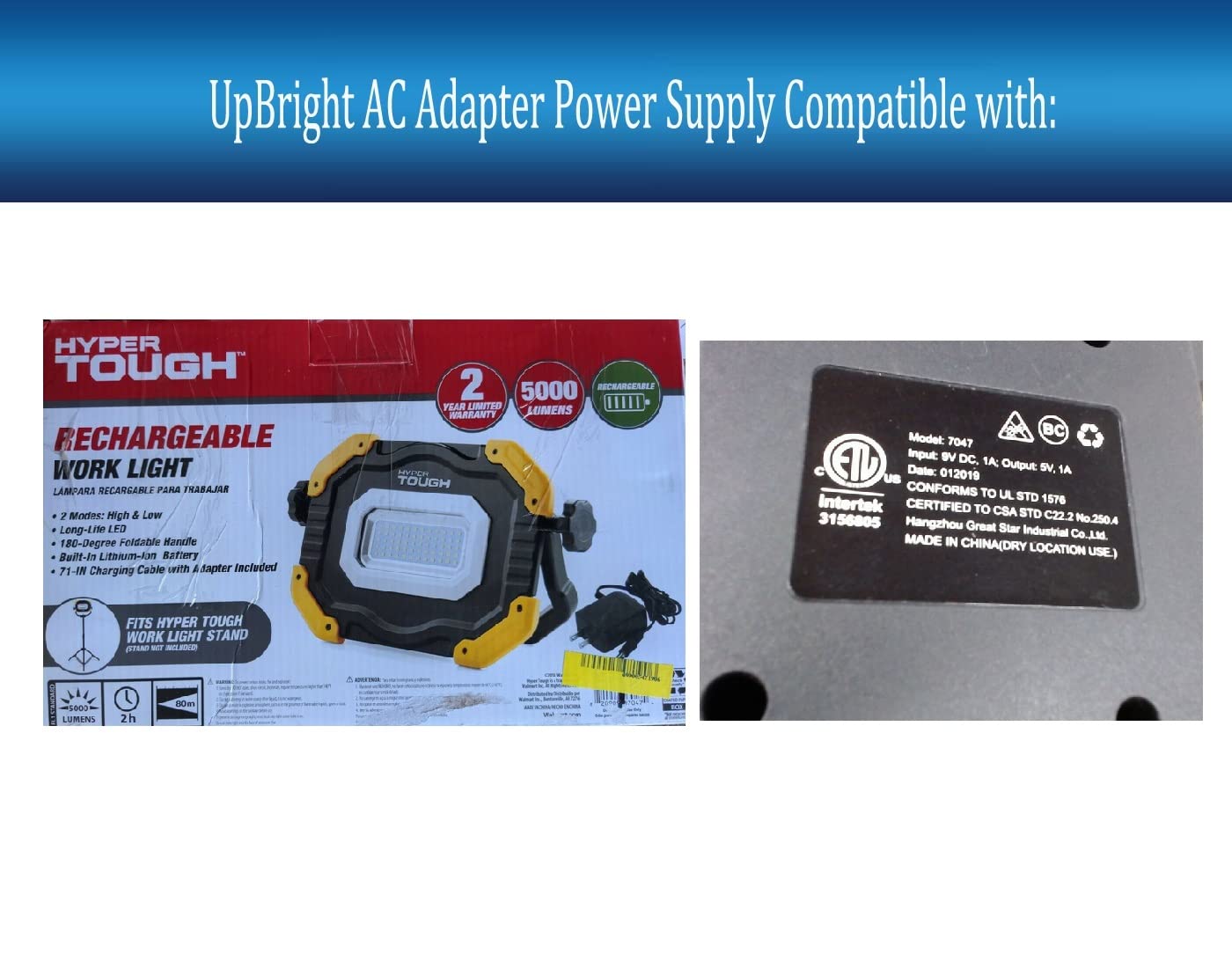 UpBright 9V AC/DC Adapter Compatible with Hyper Tough 7047 HT7047 HT HyperTough 5000 lumens LED Rechargeable Work Light 9VDC 1A 9VDC1A 9V1A DC9V 9.0V…