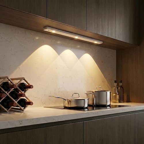 WhilsTec 2-Pack Wireless Under Cabinet Lights, Rechargeable LED Motion Sensor Closet Light, 3-Color Dimmable with Scalloped Light Cones for Kitchen