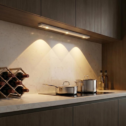 WhilsTec 2-Pack Wireless Under Cabinet Lights, Rechargeable LED Motion Sensor Closet Light, 3-Color Dimmable with Scalloped Light Cones for Kitchen