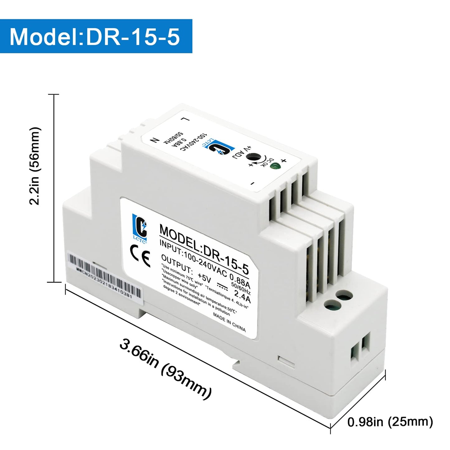 LCLCTC DC 5V Din Rail Slim Switching Power Supply 15W 2.4A(Input:100-240VAC,Output:5VDC,50/60HZ) Adapter Switch Converter (Volts_of_Direct_Current, 5)