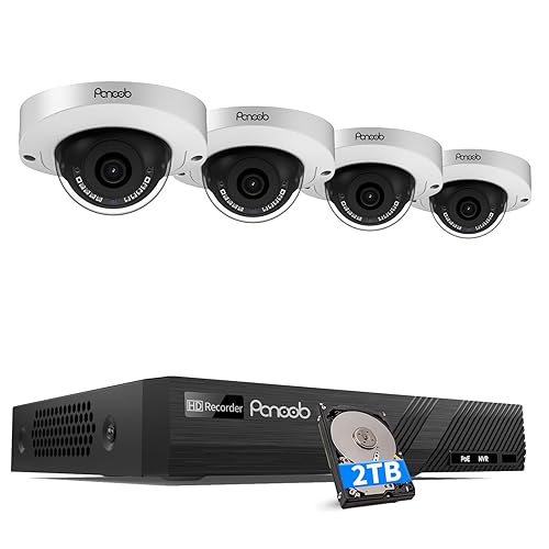 PANOOB PoE Security Camera Systems 8 Channel NVR 2TB HDD, 4Pcs 5MP Wired IP Dome Cameras Outdoor Indoor w/Person Vehicle Detection, Built-in Mic IP67