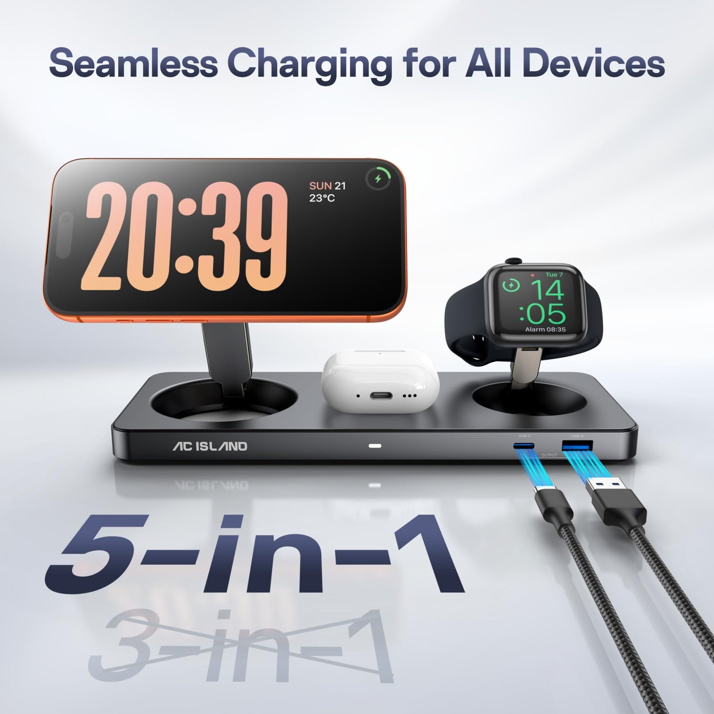 AC ISLAND 5-in-1 Qi2.2 Wireless Charger for MagSafe, 25W Foldable Magnetic Stand, Travel Charging Station for iPhone 17-12 & Air Series, Apple Watch