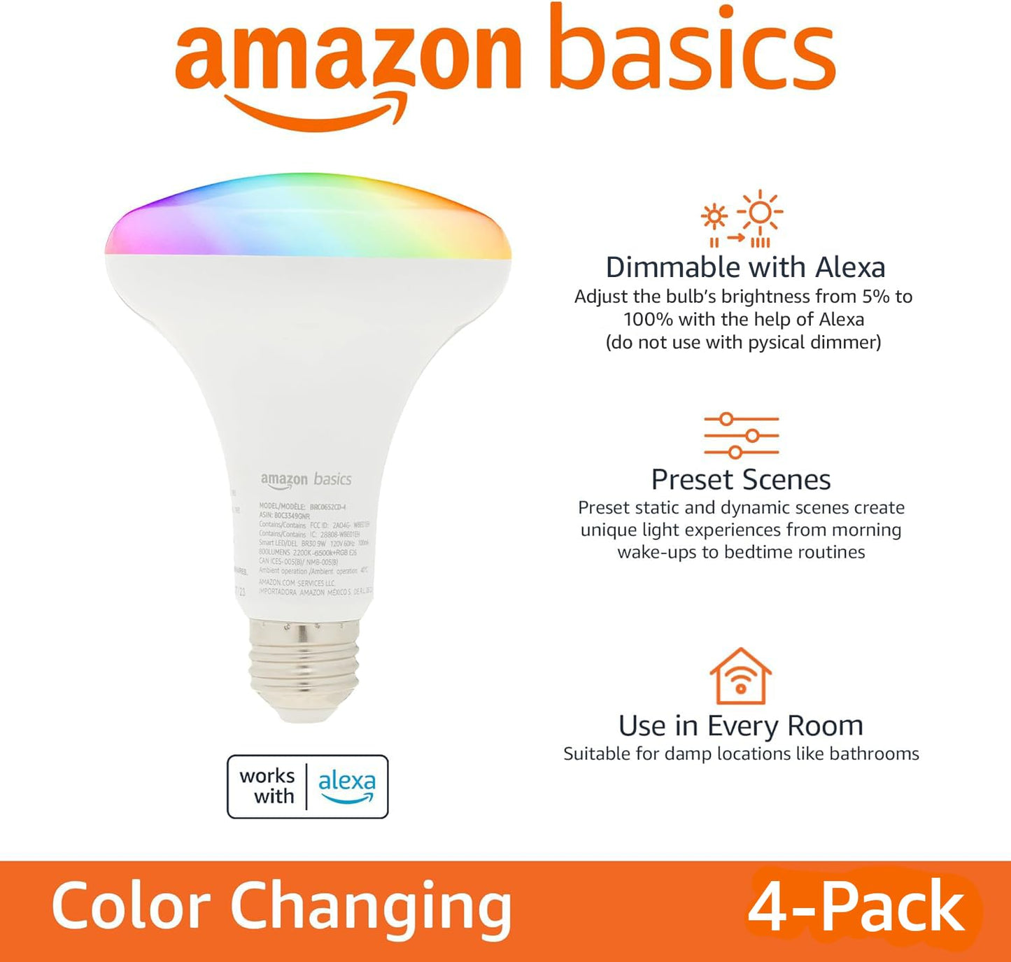 Amazon Basics Smart BR30 LED Light Bulbs, Color Changing, 9W (60W Equivalent), 800LM, Energy Efficient, Voice Control, Works with Alexa Only, 2.4 GHz