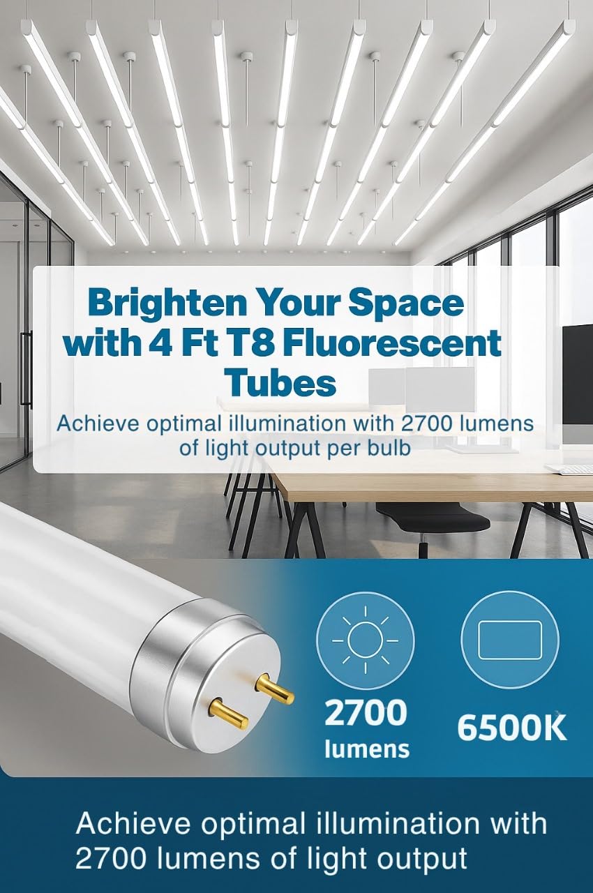 Circle F32T8/SP865 T8 Fluorescent Light Bulbs 48 Inch, 32W 6500K Daylight, G13 Medium Bi-Pin Base, 4FT Commercial Ceiling Light Replacement