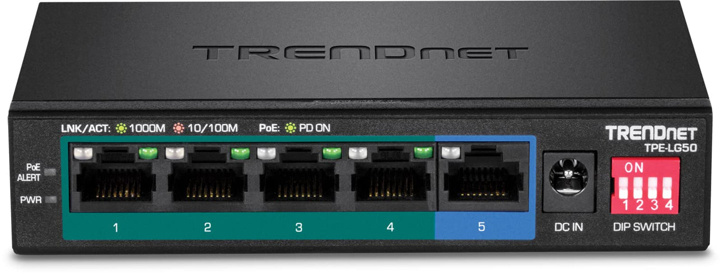 TRENDnet 5-Port Gigabit Long Range PoE+ Switch,TPE-LG50