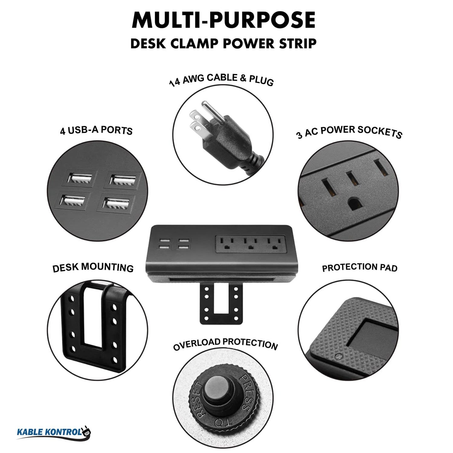 Kable Kontrol Desk Clamp Power Strip with 4 USB-A Ports, Nightstand Charging Station, 3 AC Outlets, Fast Charger, Easy Installation for Home, Offices