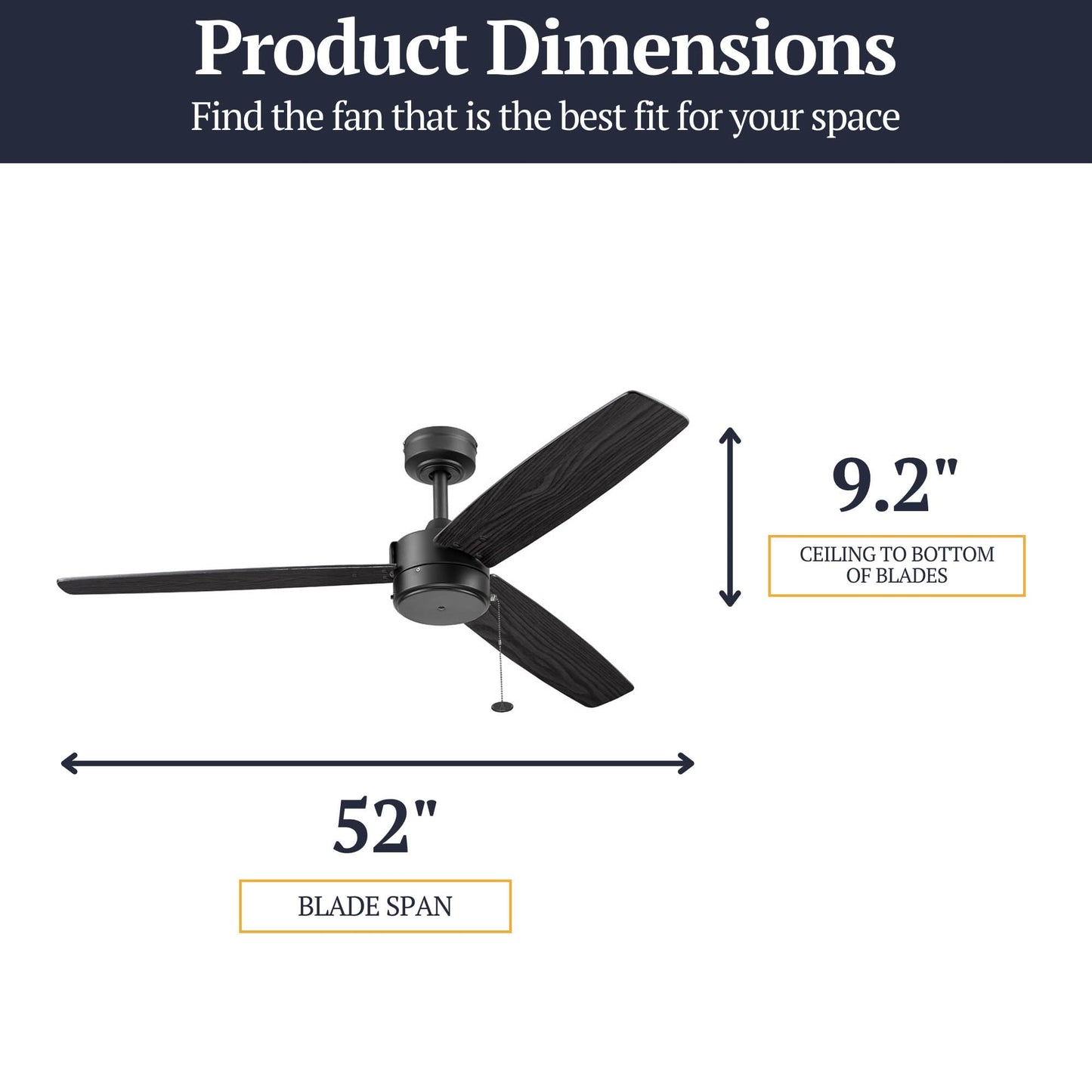 Prominence Home Journal Modern 52 Inch Ceiling Fan Without Light, Indoor/Outdoor Fan with 3 Blades, Pull Chain Dual-Mount Design with Ebony and Gray