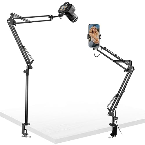 juttilax Overhead Camera Mount,Camera Desk Mount with 360° Adjustable Arm and Phone Holder,Max Load-Bearing 5lb,Desk Clamp Stand for Content Creation