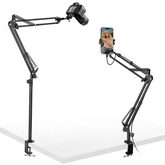 juttilax Overhead Camera Mount,Camera Desk Mount with 360° Adjustable Arm and Phone Holder,Max Load-Bearing 5lb,Desk Clamp Stand for Content Creation
