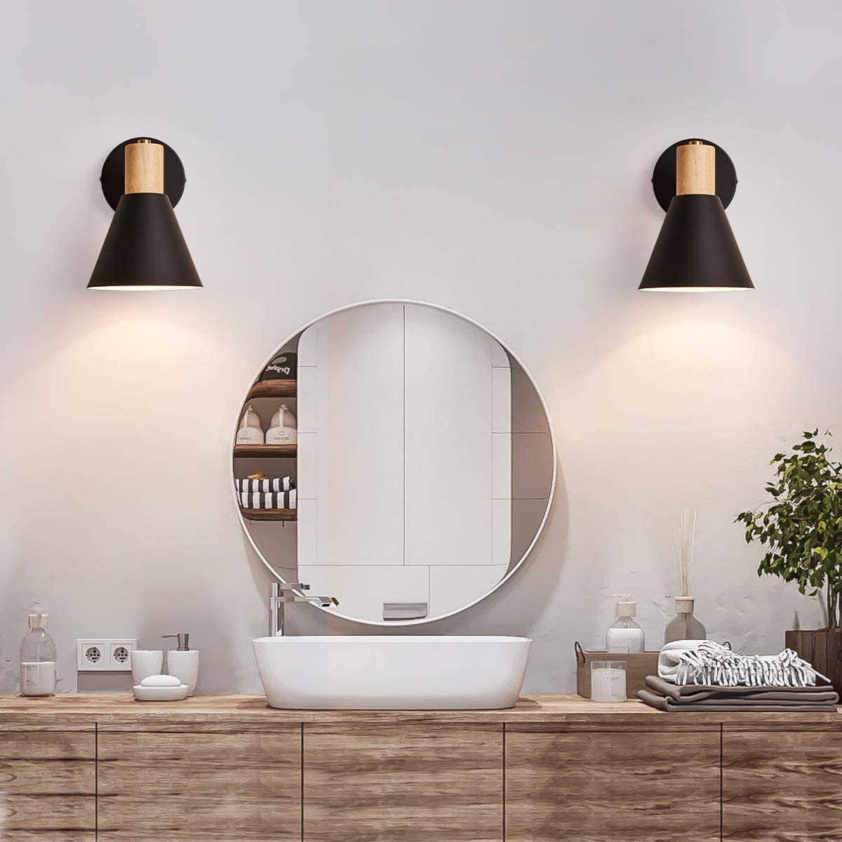ClanKin Wall Sconces Lighting for Bedroom, Black Adjustable Wood Style Wall Sconce Reading Lamp, Wall Light for Bedroom Hallway Living Room