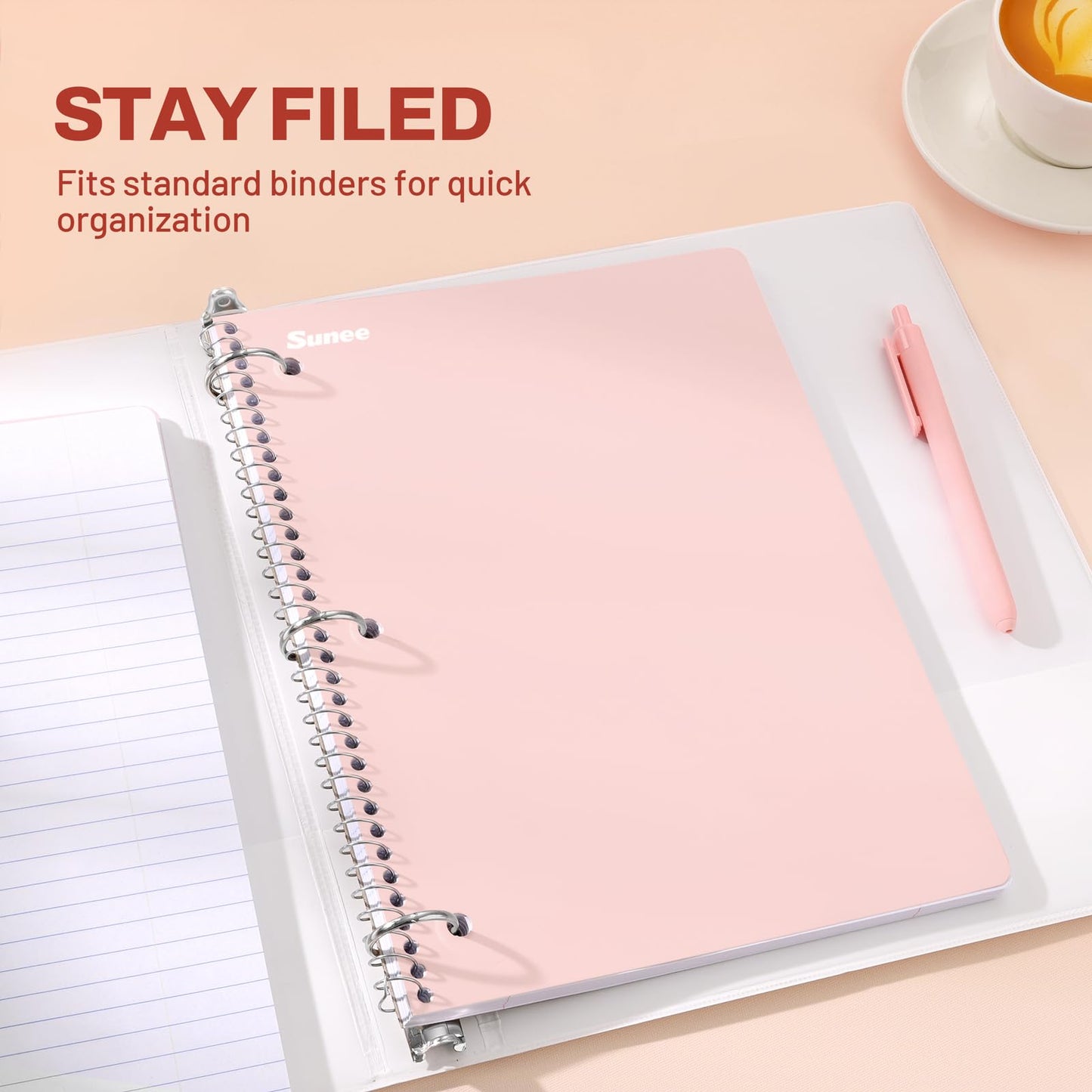 SUNEE Spiral Notebooks, 1-Subject, 10 Pack, College Ruled Paper, 8" x 10-1/2", 70 Sheets per Notebook,3-Hole Punched Paper, Pink,Purple, Blue, Green