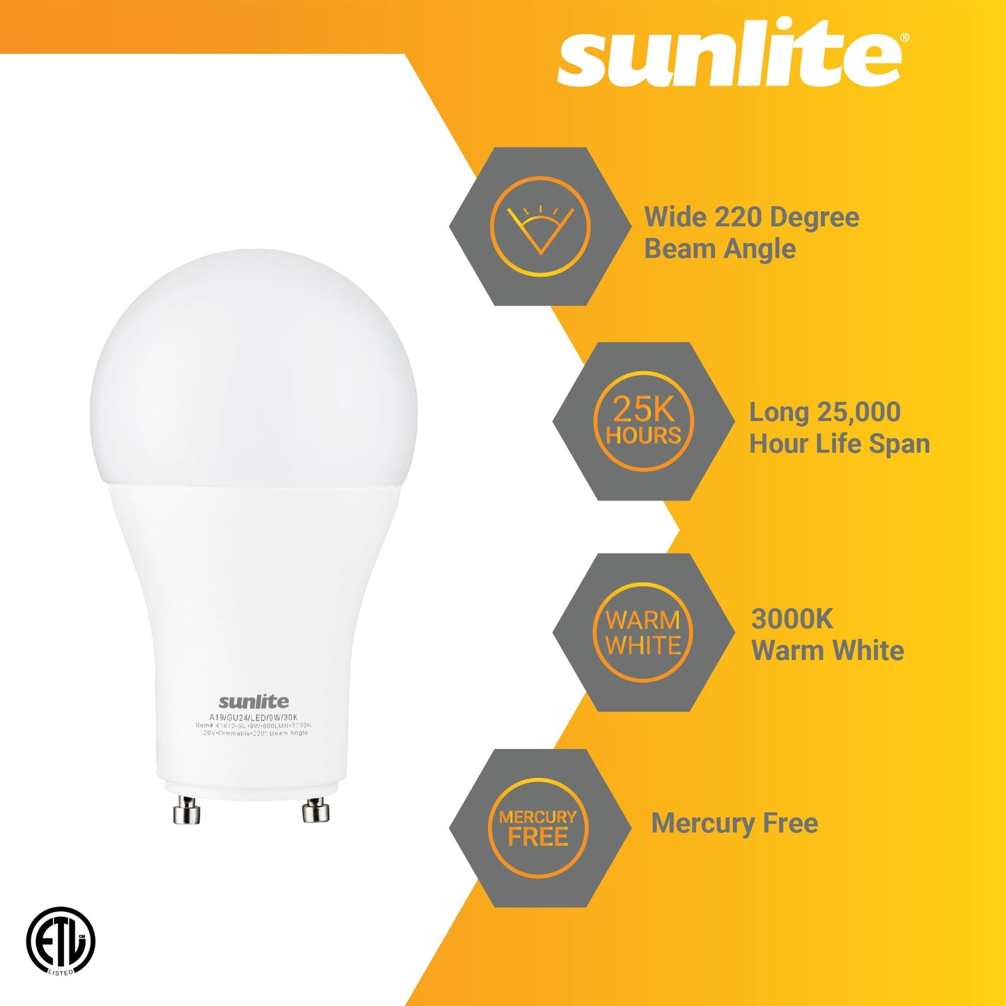 Sunlite A19 GU24 Dimmable Light Bulb, 9 Watts (60WEquivalent) 800 Lumens, 2 Prong LED Twist and Lock Base, 90 CRI, ETL Rated for Enclosed Fixtures