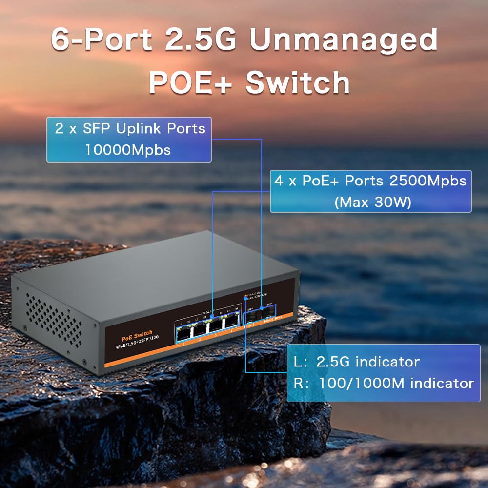 Davuaz 2.5G Unmanaged PoE Switch with 4 x 2.5G Base-T Ports and 2 x 10G SFP Uplink Port, Compatible with 100/1000/2500Mbps, Fanlesss Design, Plug