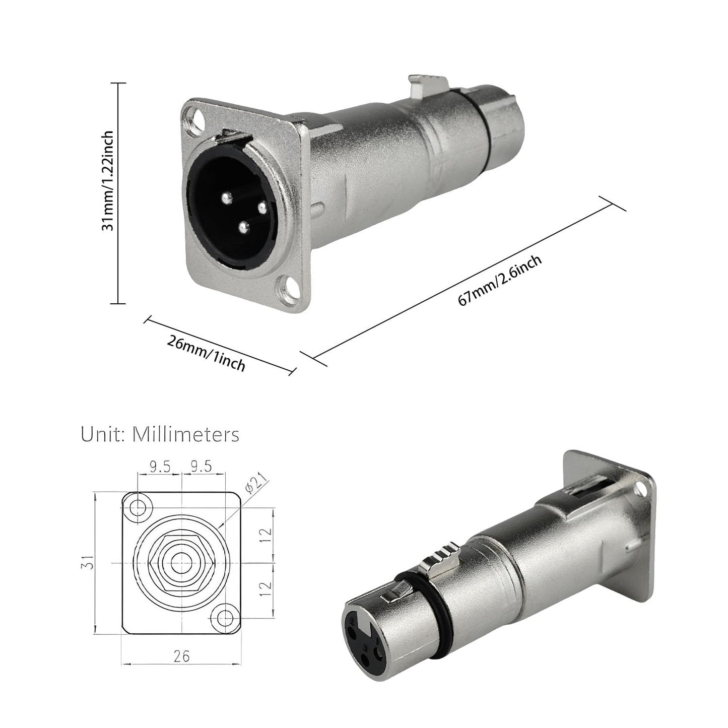 3-Pin XLR Male to Female Panel Mount Connector - Durable Microphone Adapter Coupler with Feedthrough Mount Socket, Ideal for Mixers and Audio Devices