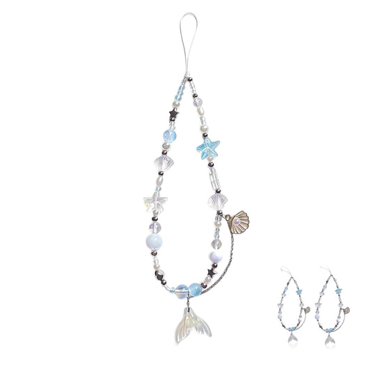 QPHYFXF 2-Pack Mermaid Seashell Beaded Phone Wrist Strap, Crystal Pearl Beach Style Phone Charm, Universal Wrist Lanyard Keychain Bag Accessory