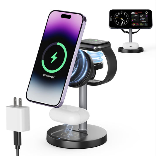 3 in 1 Wireless Charging Station Compatible with MagSafe, 15W Fast Charging Magnetic Mag-Safe Charger Stand for Apple iPhone 17 16 15 14 13 12Series