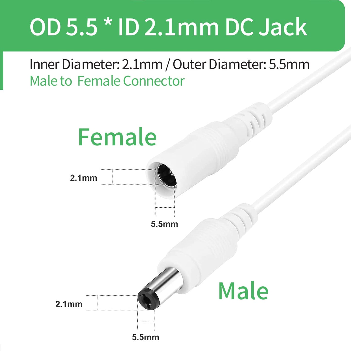 12V DC Power Splitter Cable 1 to 4 Way, Plug 5.5mm x 2.1mm for CCTV Security Camera, LED Strip Light and More,2-Pack White