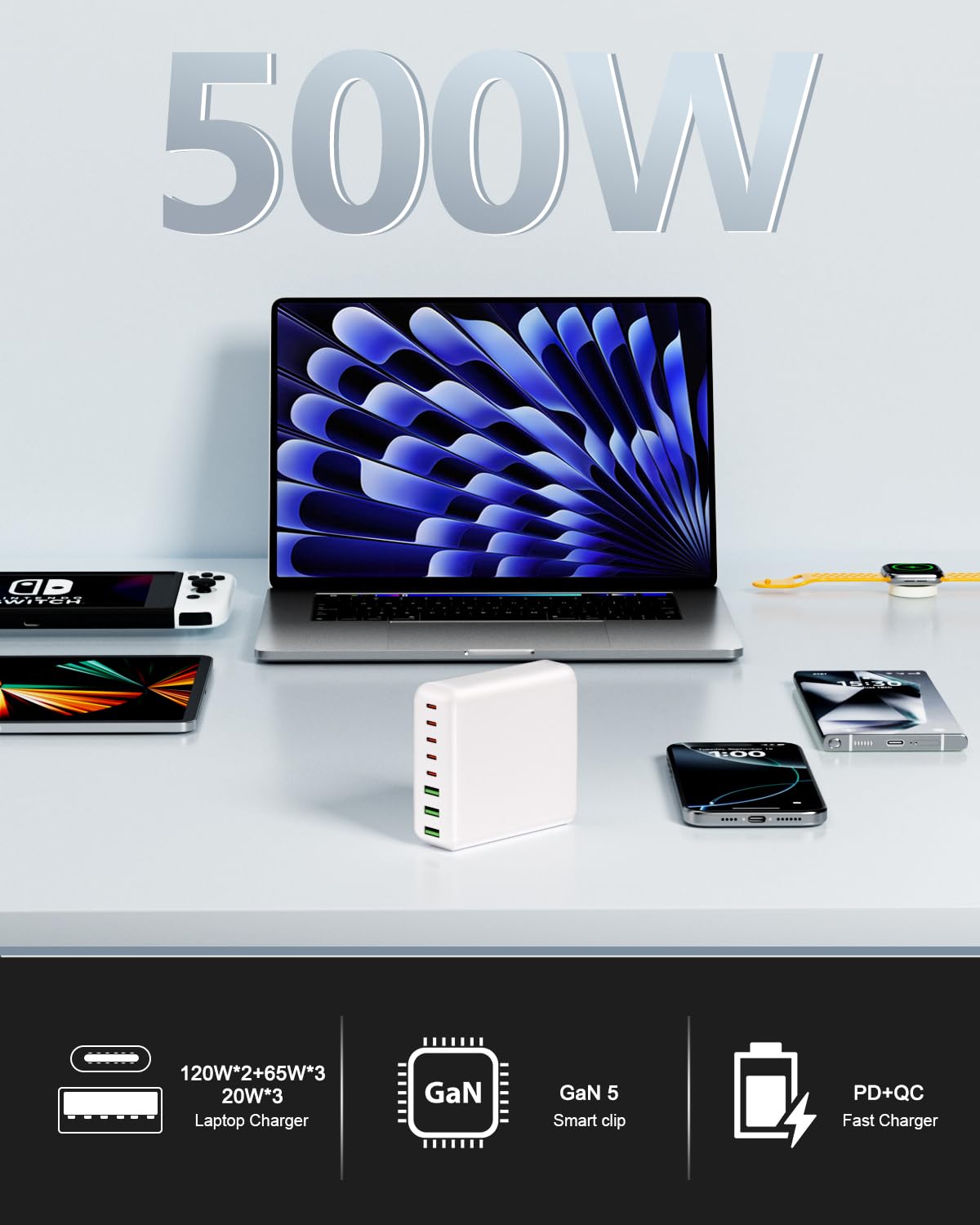 500W USB C Charger Block, 8-Port USB C Charging Station Fast Charging PD 120W PC Laptop Charger Adapter Compatible with MacBook Pro/Air/All iPad,DELL