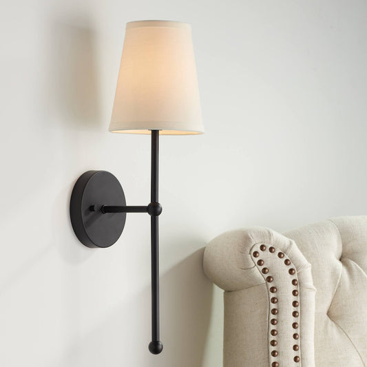 Possini Euro Design Elena Modern Wall Light Sconce Matte Black Metal Hardwired 6" Fixture Cream Linen Tall Drum Shade for Bedroom Bedside Living Room
