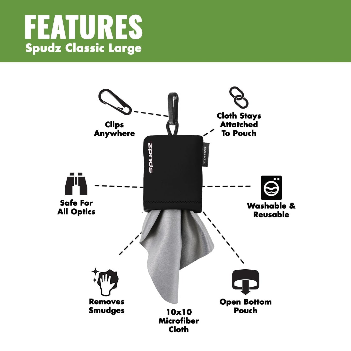 SPUDZ Classic Microfiber Lens Cleaner - Clip-On Pouch, Washable - for Binoculars, Scopes, Glasses, Screens | Brookie, 6 x 6 Inch (2-Pack)