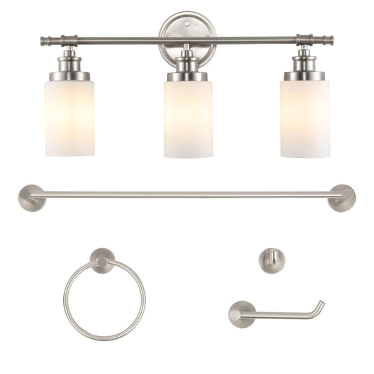 JONATHAN Y JYL1503C Egan 23.25" 3-Light Classic Cottage Vanity Light with Frosted Glass Shades and Bathroom Accessory Set, Brushed Nickel (5-Piece)