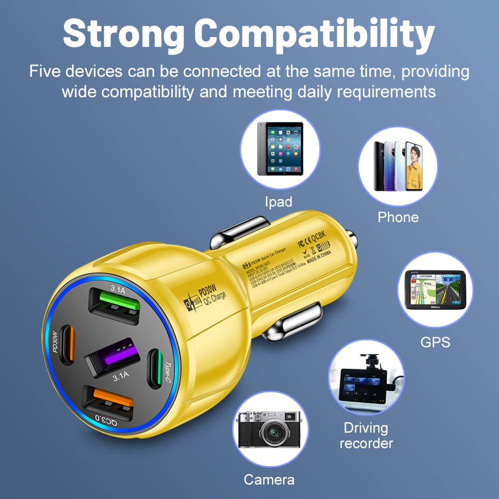 5-Port 75W USB C Car Charger, PD30W & QC3.0 Fast Charging Cigarette Lighter USB Charger Adapter for iPhone/Android/Samsung/iPad (Yellow)