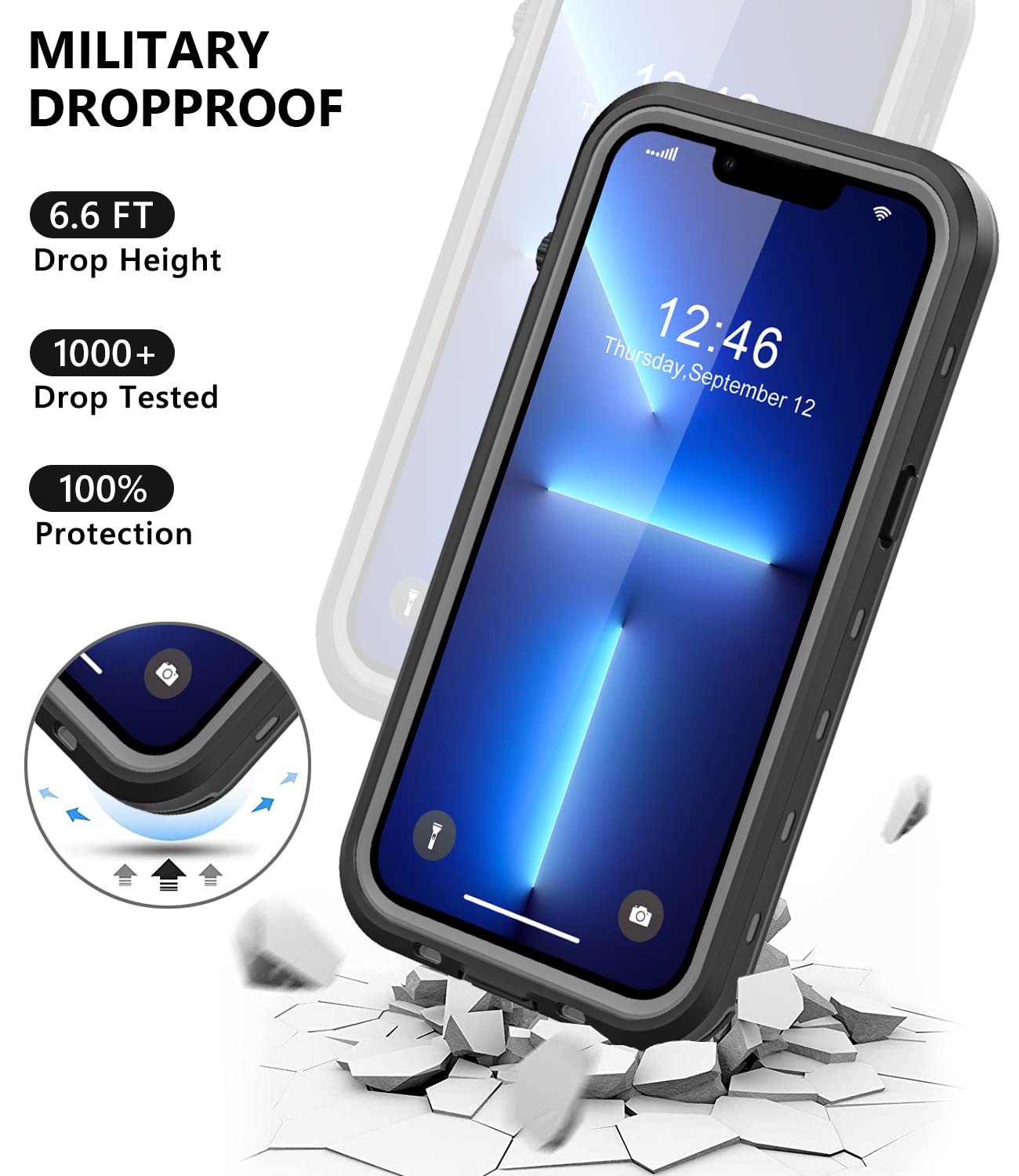 Protebox for iPhone 13 Pro Waterproof Case with Built-in Screen Protector, Shockproof Dustproof Full Body Protective IP68 Waterproof Phone Case
