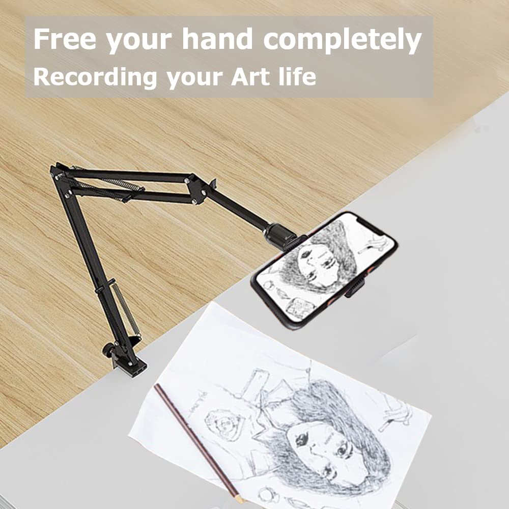 Overhead Tripod Mount for Camera Webcam Ring Light, Long Over Head Articulating Arm with Phone Holder and Ball Head, Desktop Lazy Arm Clamp Phone