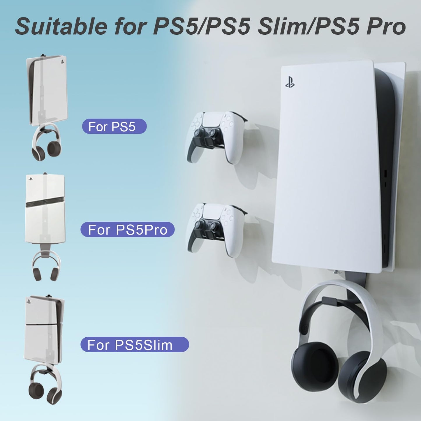 AEWOTING PS5 Wall Mount, Heavy-Duty Steel Mount Kit for Protection & Cooling with 2 Controller Holder and Headset Holder,Compatible with All PS5