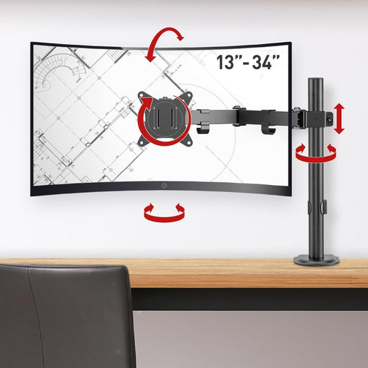 Barkan Monitor Desk Mount for Flat/Curved Screens Sizes 13-34 inch, Full Motion - 5 Movements, Ergonomic, 360 Degree Rotation, Touch & Tilt, Holds up