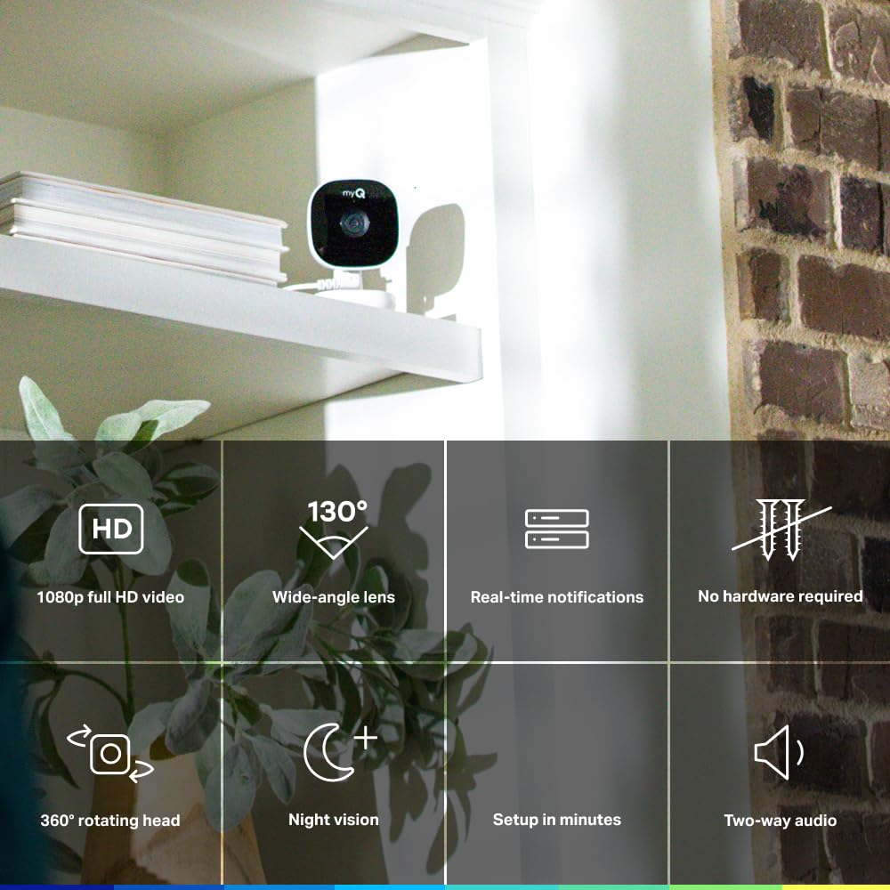 Chamberlain myQ Smart Indoor Security Camera - 1080p HD Video, Night Vision, Motion Detection, Wi-Fi, Two-Way Audio, Smartphone Control