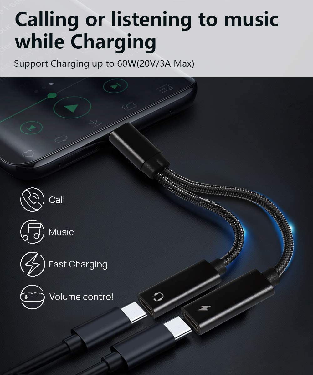 USB C Splitter, Dual USB C Headphones and Charger Adapter with PD 60W Fast Charging for iPhone 16/16Pro/16Pro Max, Pixel 8 7 6XL,Samsung Galaxy S25