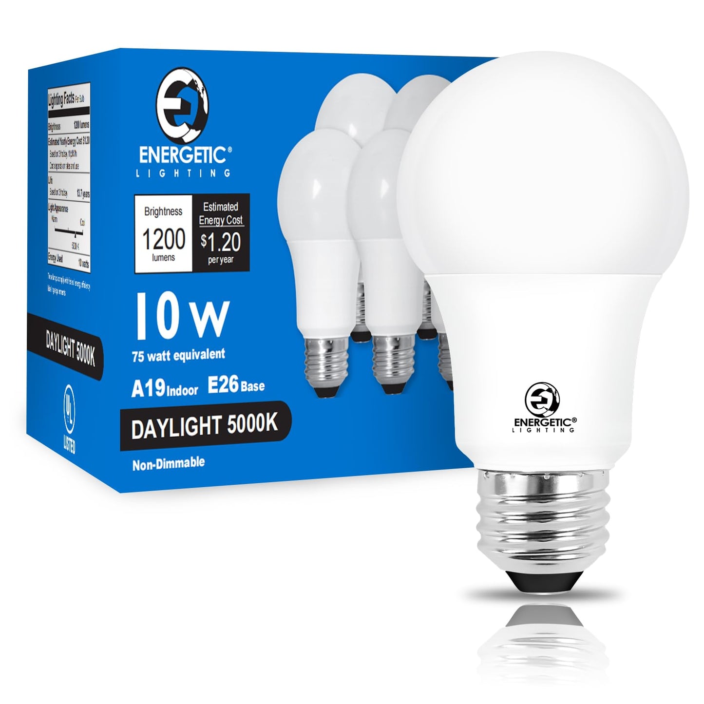 E ENERGETIC LIGHTING A19 Light Bulbs 75 watt Equivalent, Daylight 5000K, 1200LM Super Bright, Non-Dimmable A19 10W LED Light Bulbs, E26 Standard Base