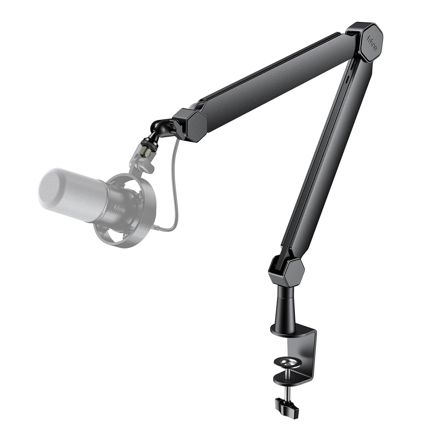 FIFINE Mic Arm Stand, Microphone Boom Arm with Desk Clamp, Cable Channels, 3/8" to 5/8" Threads, Heavy Metal Microphone Stand for Podcast, Vocal