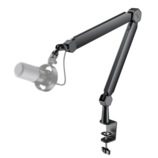 FIFINE Mic Arm Stand, Microphone Boom Arm with Desk Clamp, Cable Channels, 3/8" to 5/8" Threads, Heavy Metal Microphone Stand for Podcast, Vocal